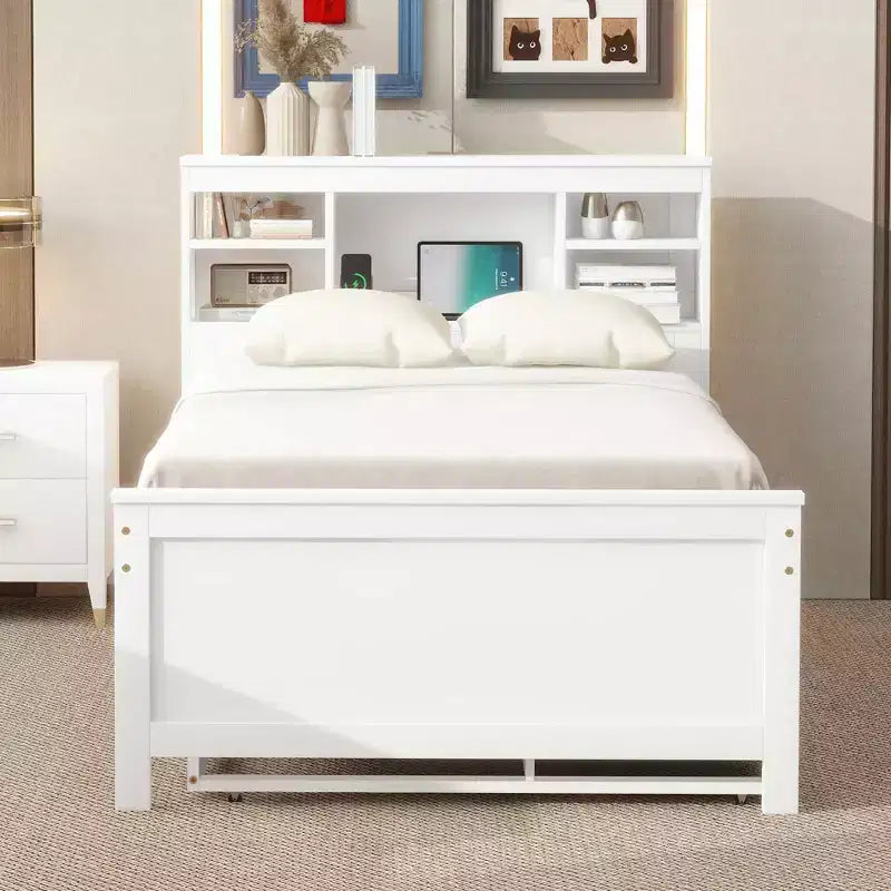 Lit plateforme avec lit gigogne et tiroirs, lit plateforme de rangement avec USB, lit plateforme en bois avec bibliothèque