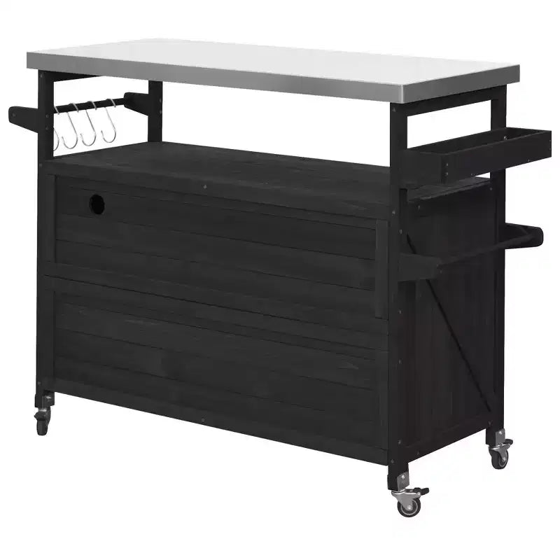 Îlot de cuisine d'extérieur Okak avec plateau en acier inoxydable, chariot de cuisine en bois avec portes, étagères et porte-épices, îlot de cuisine roulant