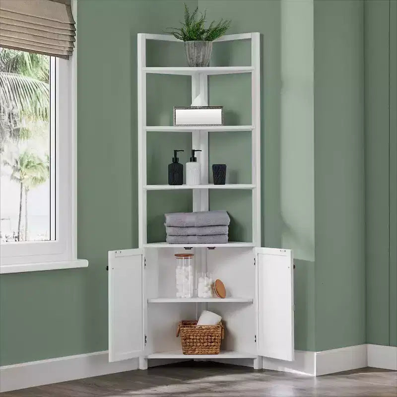 Meuble de rangement d'angle Dover avec deux portes et étagères ouvertes Blanc - Alaterre Furniture