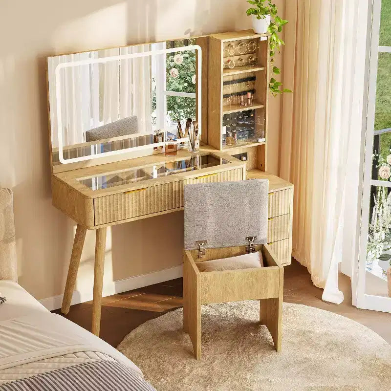 Coiffeuse de maquillage cannelée de 48 pouces avec grand miroir et lumières, coiffeuse de maquillage moderne avec station de charge et tabouret de rangement rembourré pour la maison