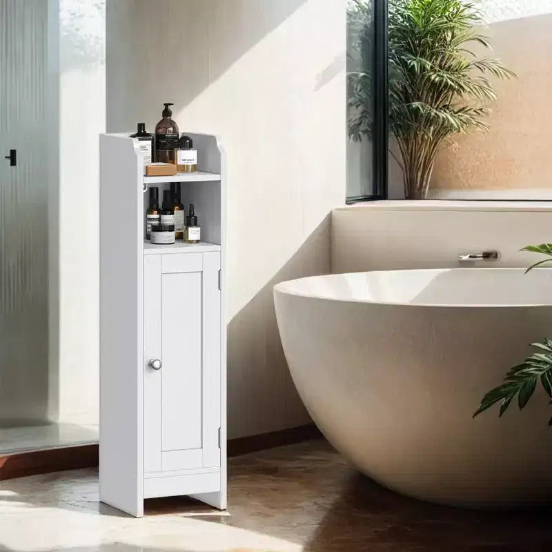 Petit meuble de rangement au sol avec étagères réglables - Organiseur de rangement étroit blanc