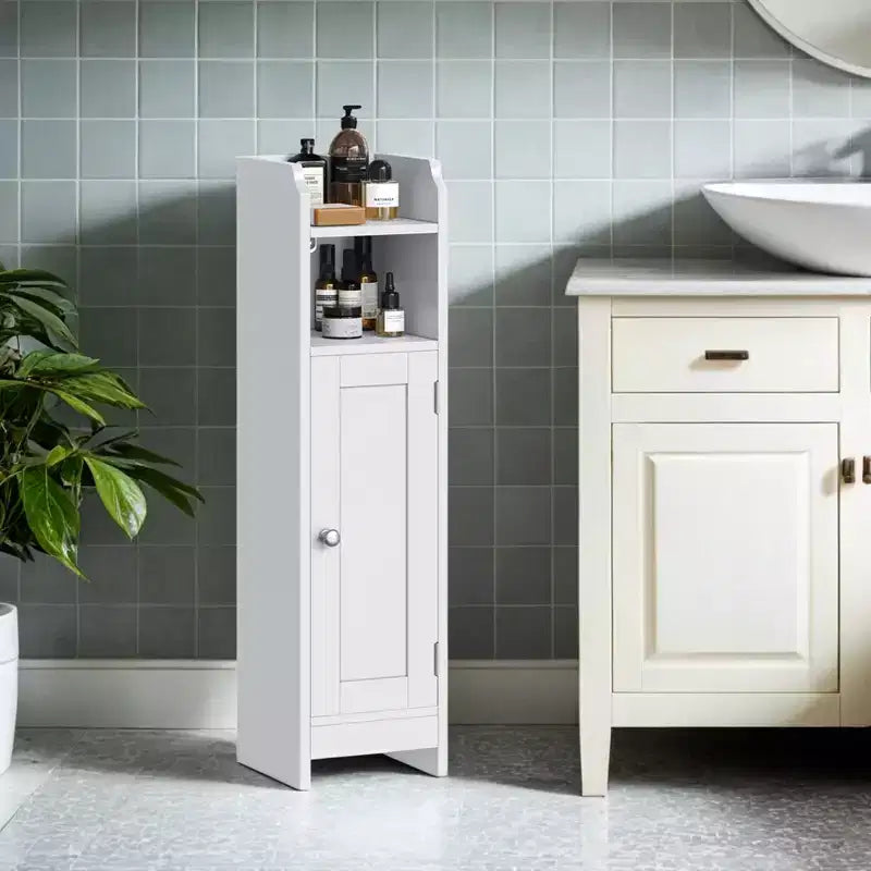 Petit meuble de rangement au sol avec étagères réglables - Organiseur de rangement étroit blanc