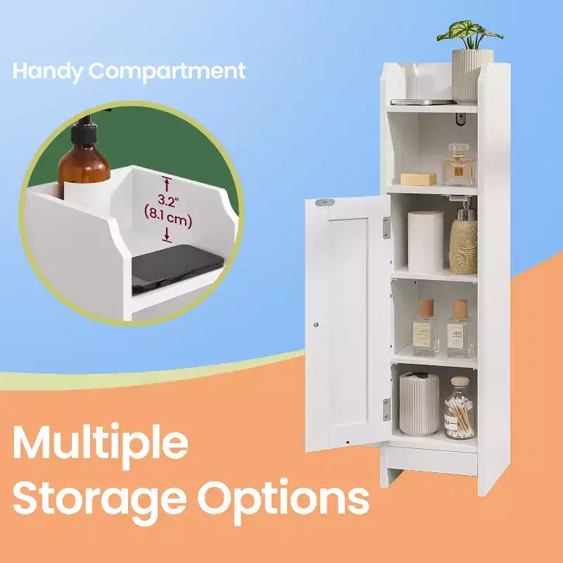 Petit meuble de rangement au sol avec étagères réglables - Organiseur de rangement étroit blanc