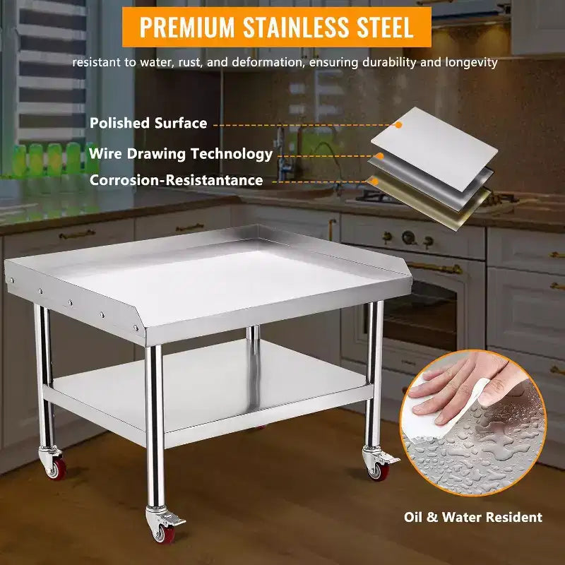 Table de support de gril d'équipement en acier inoxydable 36x28x24, plateau supérieur de 450 kg, plateau inférieur de 100 kg, pieds réglables, 2 déflecteurs de bord