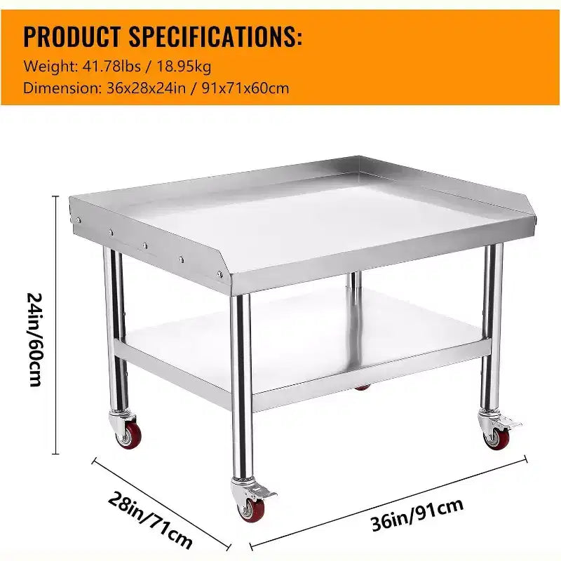 Table de support de gril d'équipement en acier inoxydable 36x28x24, plateau supérieur de 450 kg, plateau inférieur de 100 kg, pieds réglables, 2 déflecteurs de bord