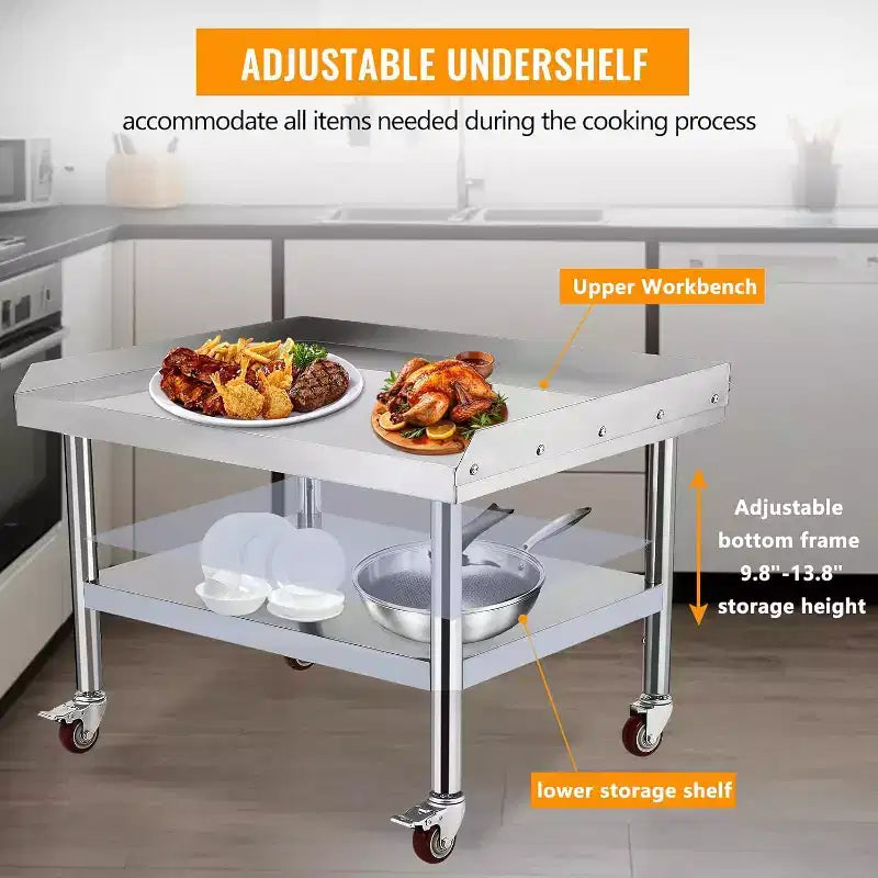 Table de support de gril d'équipement en acier inoxydable 36x28x24, plateau supérieur de 450 kg, plateau inférieur de 100 kg, pieds réglables, 2 déflecteurs de bord