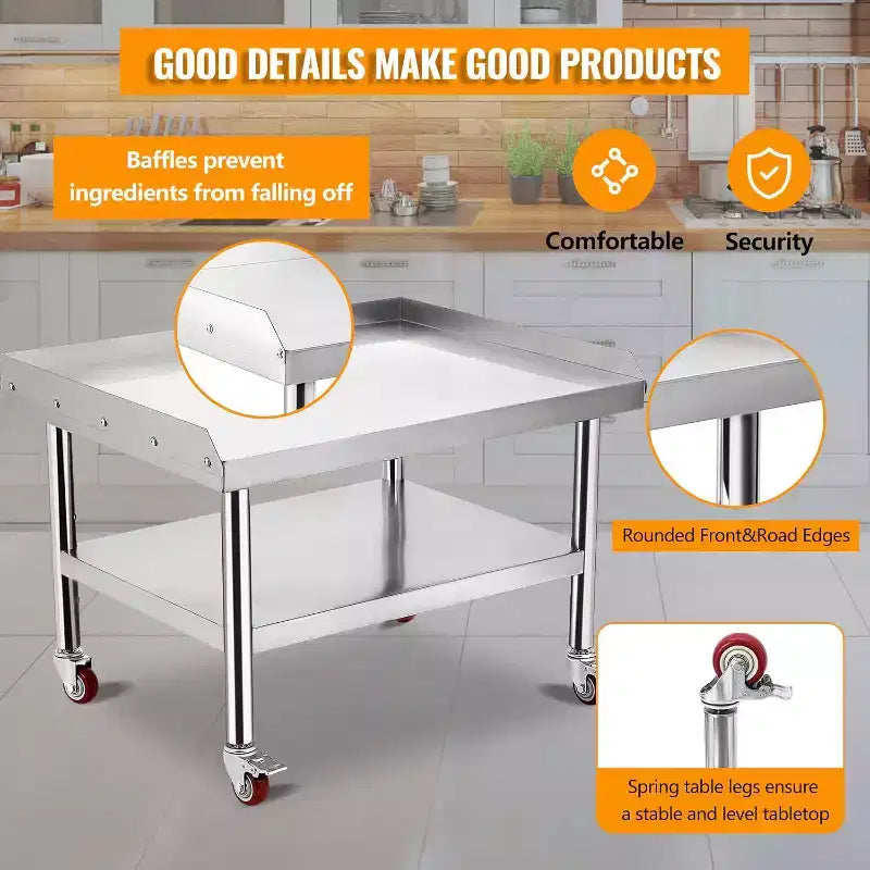 Table de support de gril d'équipement en acier inoxydable 36x28x24, plateau supérieur de 450 kg, plateau inférieur de 100 kg, pieds réglables, 2 déflecteurs de bord