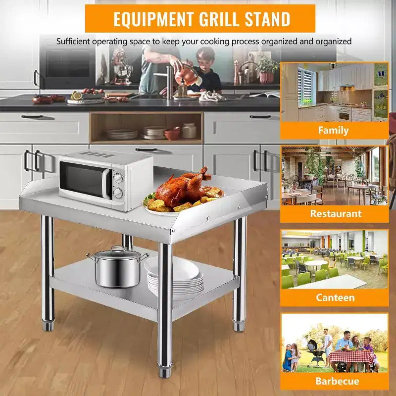 Table de support de gril d'équipement en acier inoxydable 36x28x24, plateau supérieur de 450 kg, plateau inférieur de 100 kg, pieds réglables, 2 déflecteurs de bord