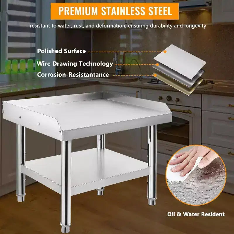 Table de support de gril d'équipement en acier inoxydable 36x28x24, plateau supérieur de 450 kg, plateau inférieur de 100 kg, pieds réglables, 2 déflecteurs de bord