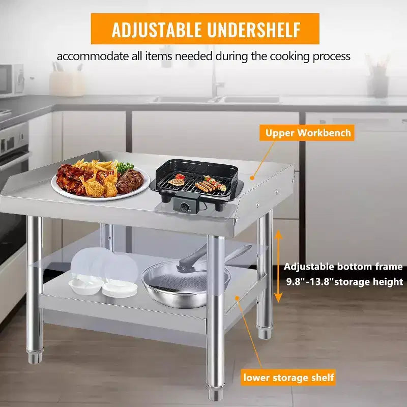Table de support de gril d'équipement en acier inoxydable 36x28x24, plateau supérieur de 450 kg, plateau inférieur de 100 kg, pieds réglables, 2 déflecteurs de bord