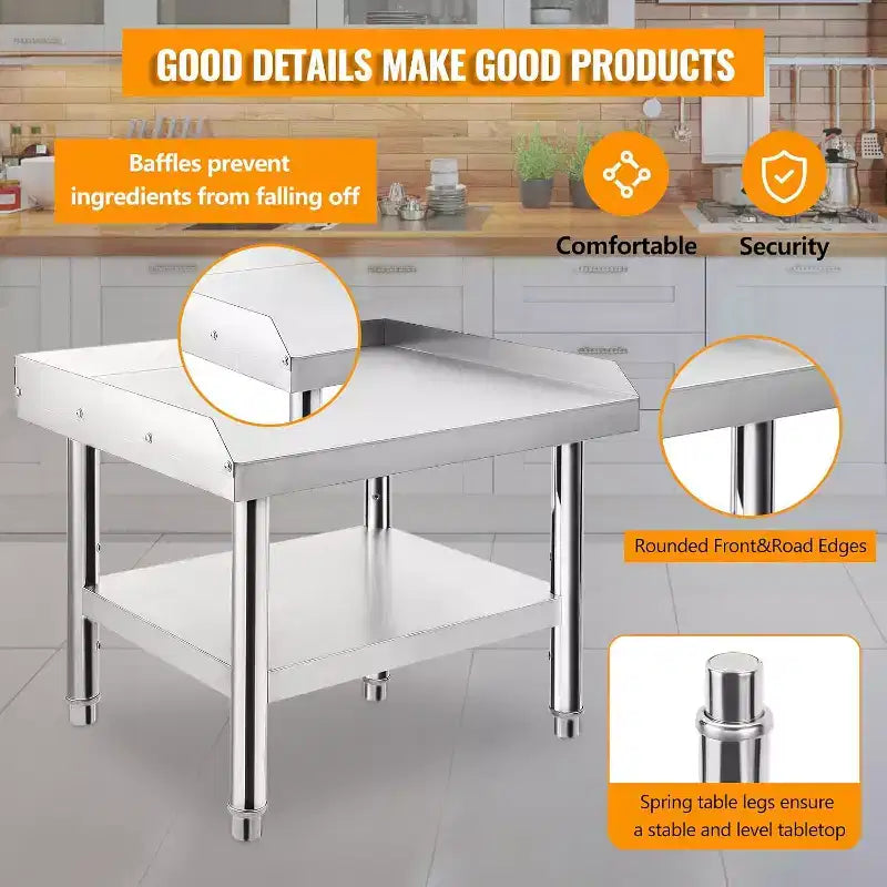 Table de support de gril d'équipement en acier inoxydable 36x28x24, plateau supérieur de 450 kg, plateau inférieur de 100 kg, pieds réglables, 2 déflecteurs de bord