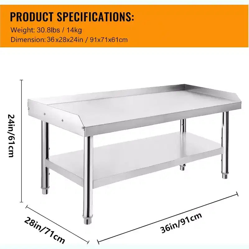 Table de support de gril d'équipement en acier inoxydable 36x28x24, plateau supérieur de 450 kg, plateau inférieur de 100 kg, pieds réglables, 2 déflecteurs de bord
