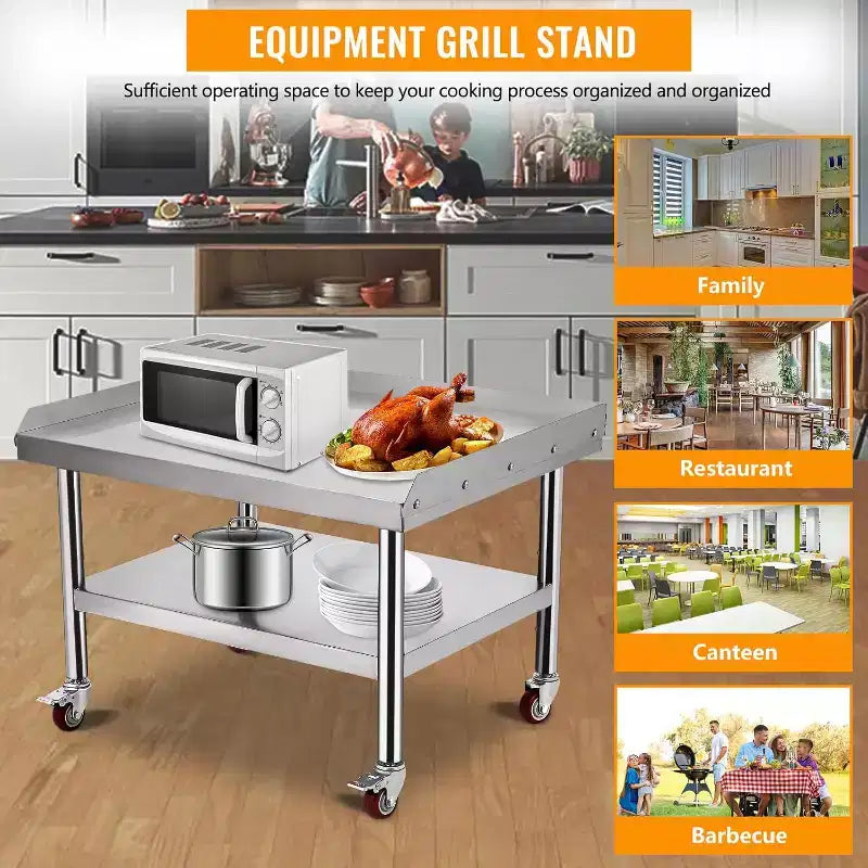 Table de support de gril d'équipement en acier inoxydable 36x28x24, plateau supérieur de 450 kg, plateau inférieur de 100 kg, pieds réglables, 2 déflecteurs de bord