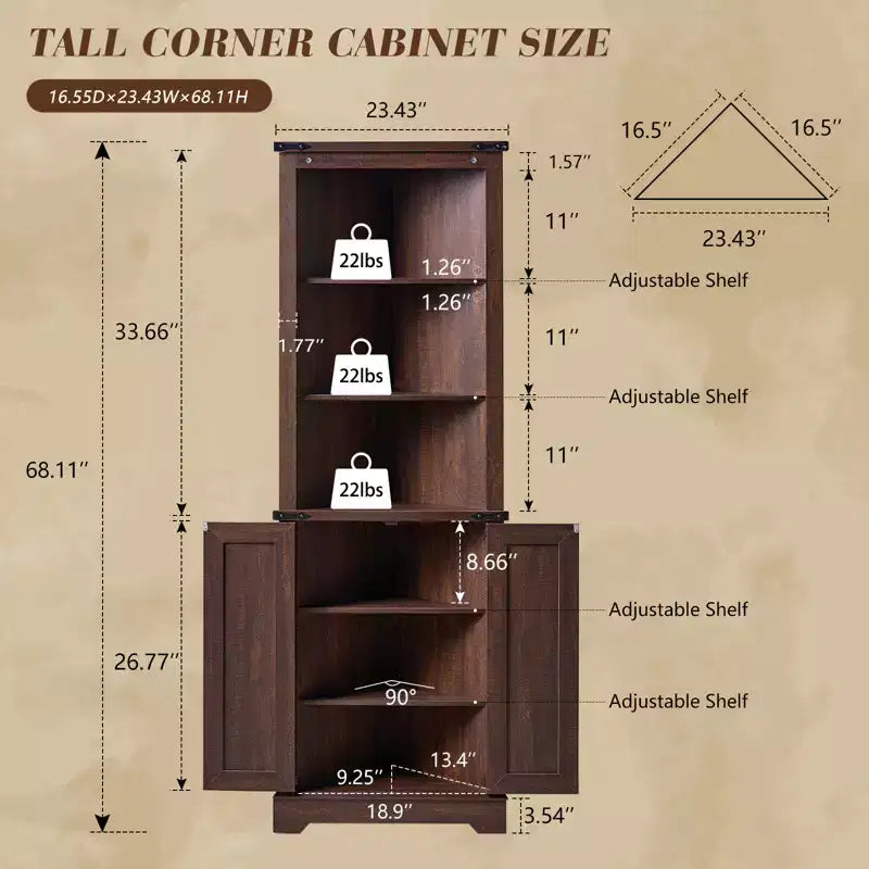 AMERLIFE Armoire d'angle de ferme de 172 cm, Armoire de rangement haute avec porte coulissante type grange