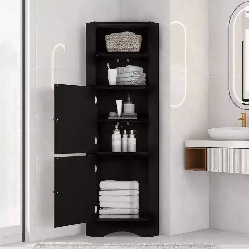 Modern Corner Cabinet, Tall Freestanding Storage Unit with Adjustable Shelves, Geometric Rhombus Design, Easy Assembly, Black Finish