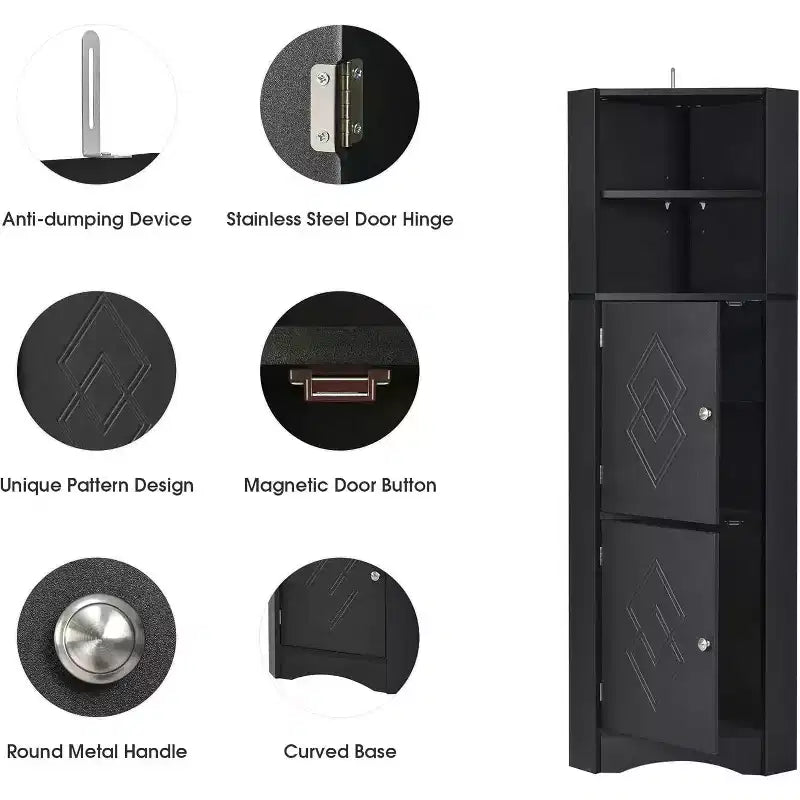 Meuble d'angle moderne, Unité de rangement haute sur pied avec étagères réglables, Conception géométrique en losange, Montage facile, Fini noir