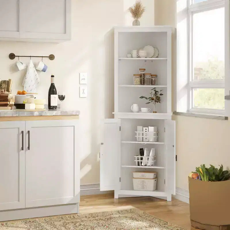 GustoWave 64 Armoire d'angle de ferme haute avec 2 portes coulissantes, buffet de garde-manger avec étagères réglables, armoire de rangement de ferme, blanc