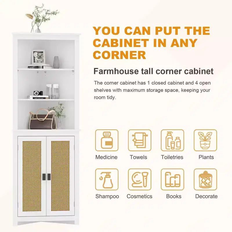 GustoWave 64 Armoire d'angle de ferme haute avec 2 portes coulissantes, buffet de garde-manger avec étagères réglables, armoire de rangement de ferme, blanc
