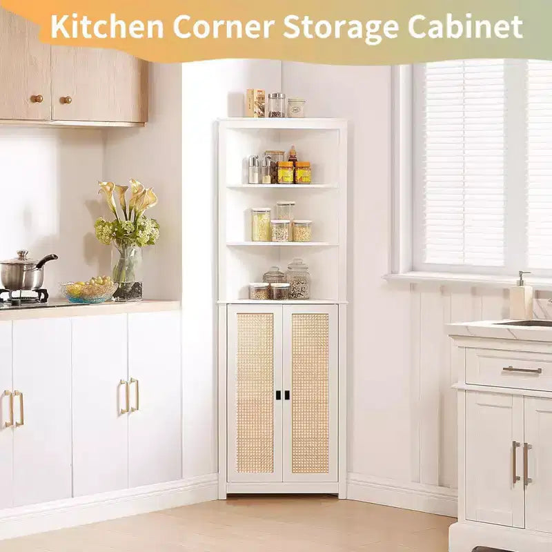 GustoWave 64 Armoire d'angle de ferme haute avec 2 portes coulissantes, buffet de garde-manger avec étagères réglables, armoire de rangement de ferme, blanc