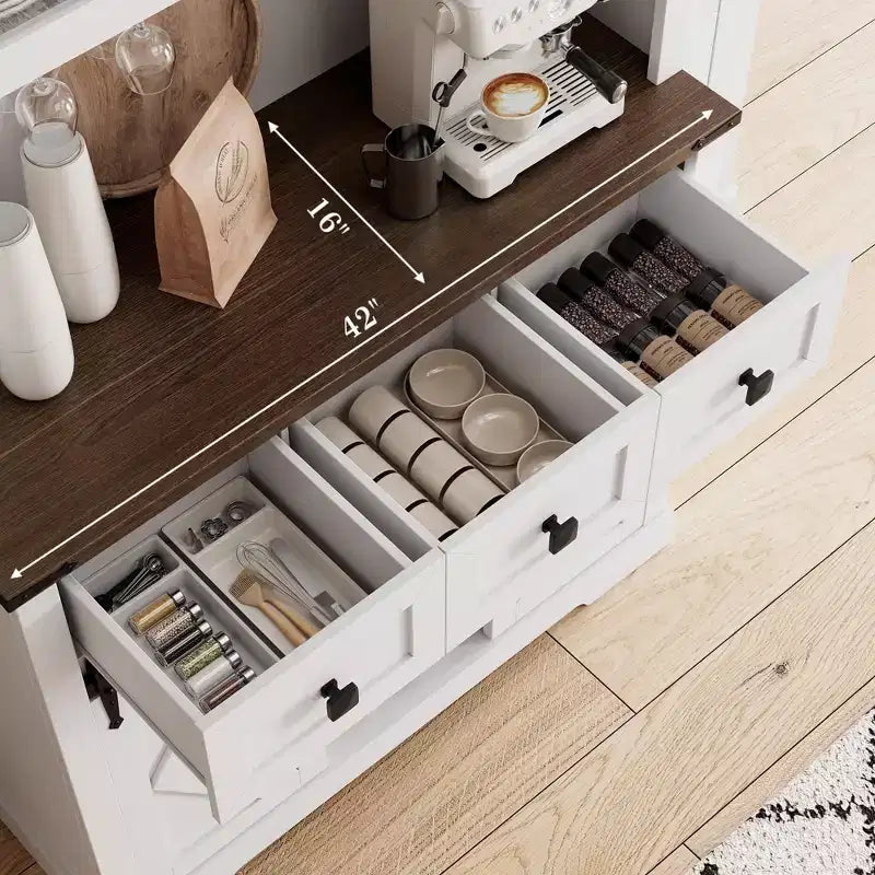 TruAIR 72 Armoire de bar de style campagnard avec porte coulissante de grange, buffet de cuisine haut avec huche de rangement et 3 tiroirs, buffet de bar à vin et café rustique avec vin