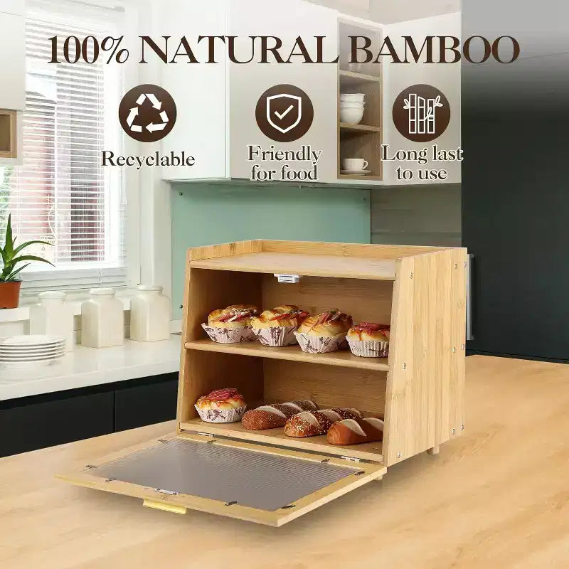 Boîte à pain à 2 niveaux en bambou avec porte en acrylique, bac de rangement pour le pain pour comptoir de cuisine, pour ranger baguettes, pâtisseries et produits de boulangerie