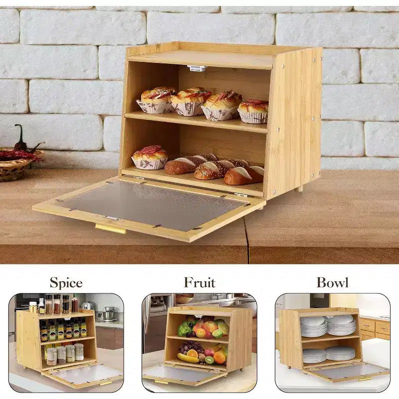 Boîte à pain à 2 niveaux en bambou avec porte en acrylique, bac de rangement pour le pain pour comptoir de cuisine, pour ranger baguettes, pâtisseries et produits de boulangerie