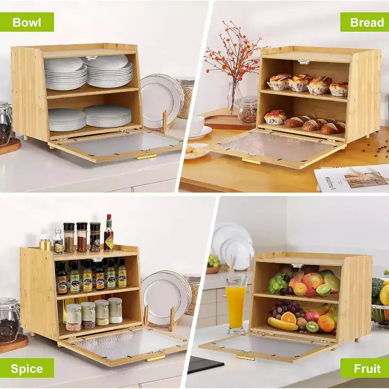 Boîte à pain à 2 niveaux en bambou avec porte en acrylique, bac de rangement pour le pain pour comptoir de cuisine, pour ranger baguettes, pâtisseries et produits de boulangerie