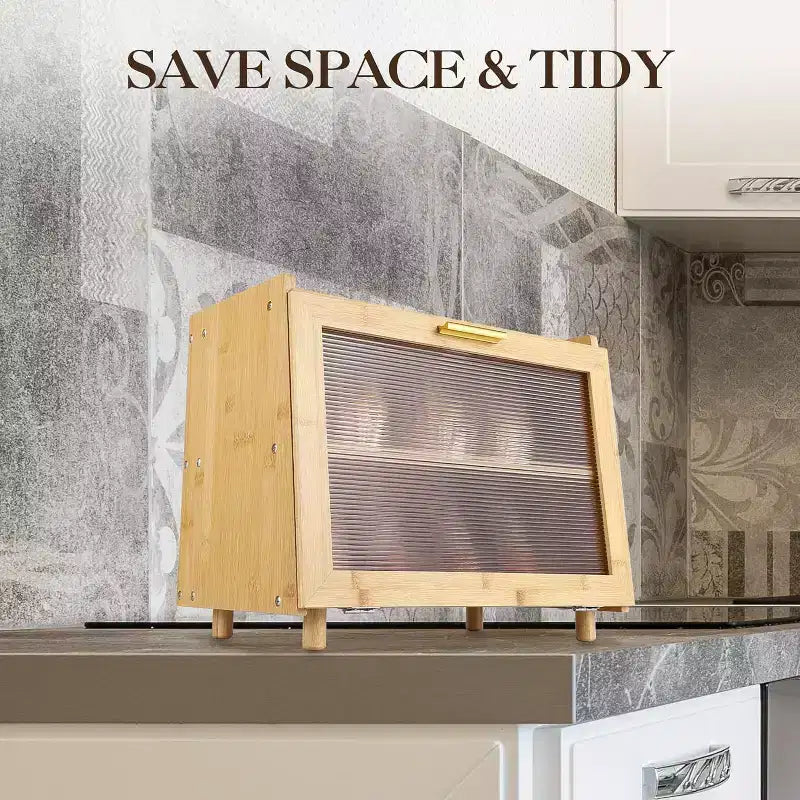 Boîte à pain à 2 niveaux en bambou avec porte en acrylique, bac de rangement pour le pain pour comptoir de cuisine, pour ranger baguettes, pâtisseries et produits de boulangerie