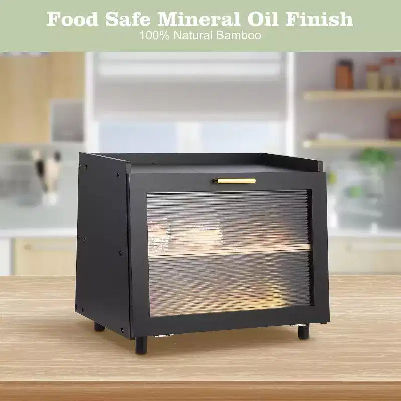 Boîte à pain à 2 niveaux en bambou avec porte en acrylique, bac de rangement pour le pain pour comptoir de cuisine, pour ranger baguettes, pâtisseries et produits de boulangerie
