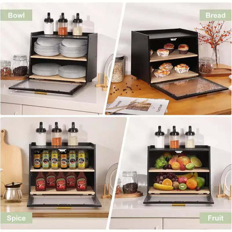 Boîte à pain à 2 niveaux en bambou avec porte en acrylique, bac de rangement pour le pain pour comptoir de cuisine, pour ranger baguettes, pâtisseries et produits de boulangerie