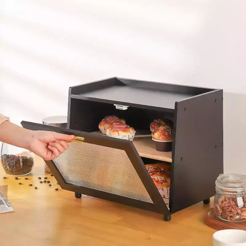Boîte à pain à 2 niveaux en bambou avec porte en acrylique, bac de rangement pour le pain pour comptoir de cuisine, pour ranger baguettes, pâtisseries et produits de boulangerie