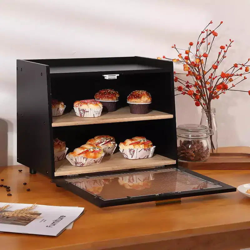 Boîte à pain à 2 niveaux en bambou avec porte en acrylique, bac de rangement pour le pain pour comptoir de cuisine, pour ranger baguettes, pâtisseries et produits de boulangerie