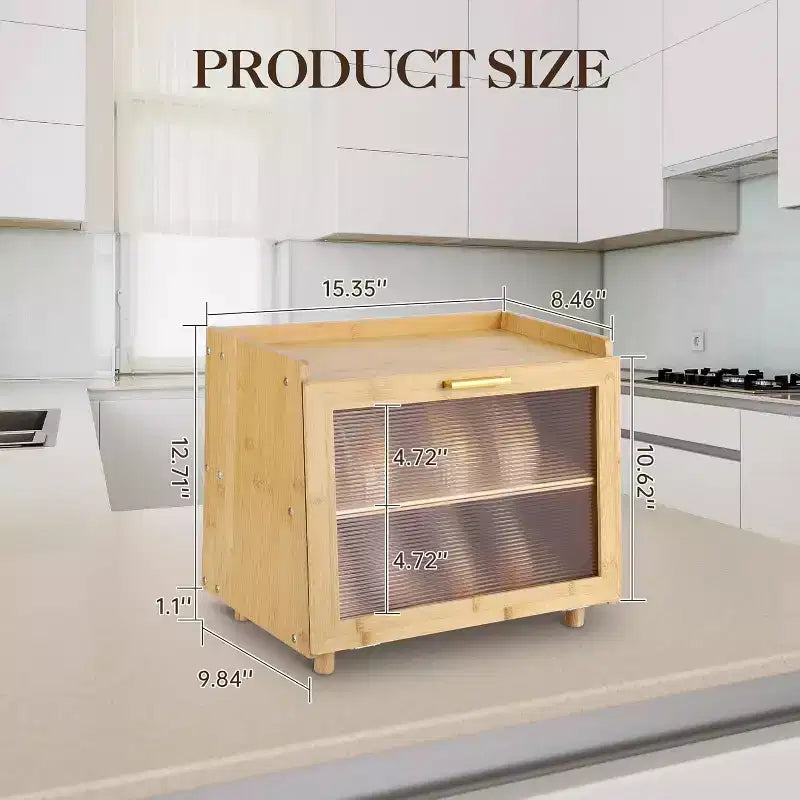 Boîte à pain à 2 niveaux en bambou avec porte en acrylique, bac de rangement pour le pain pour comptoir de cuisine, pour ranger baguettes, pâtisseries et produits de boulangerie