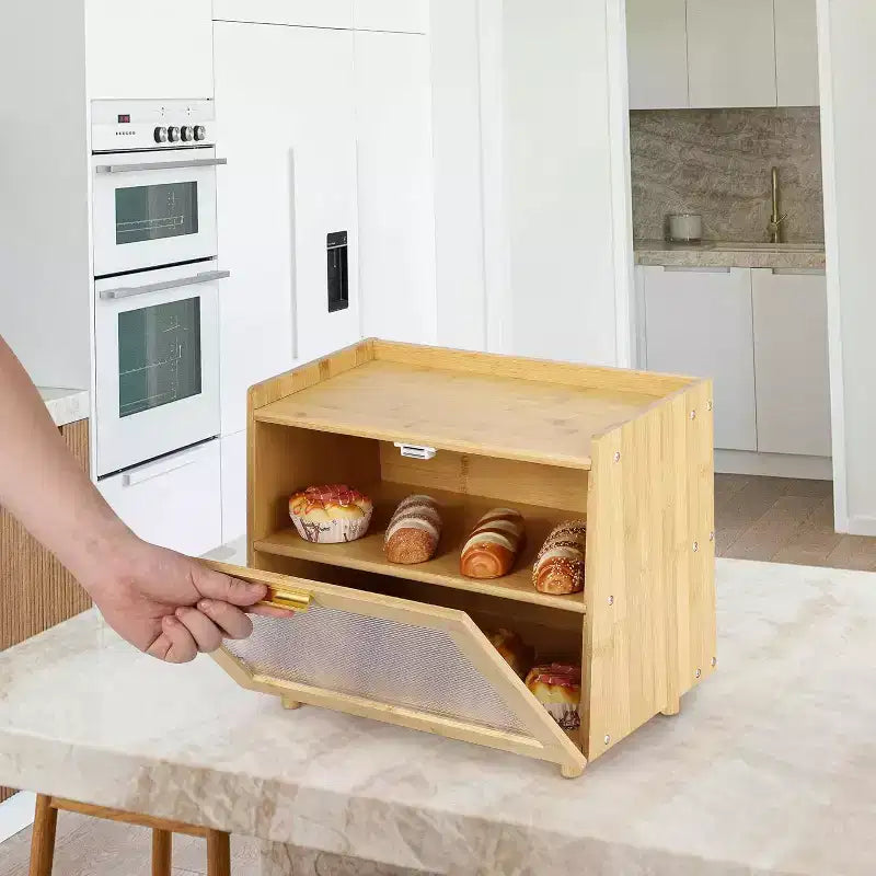 Boîte à pain à 2 niveaux en bambou avec porte en acrylique, bac de rangement pour le pain pour comptoir de cuisine, pour ranger baguettes, pâtisseries et produits de boulangerie