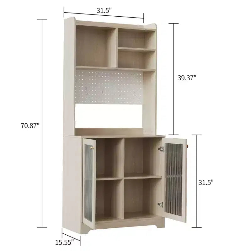 Meuble de rangement de cuisine autoportant de 180 cm avec 2 portes vitrées, rangement ouvert et étagères réglables, buffet de style fermier pour bar à café