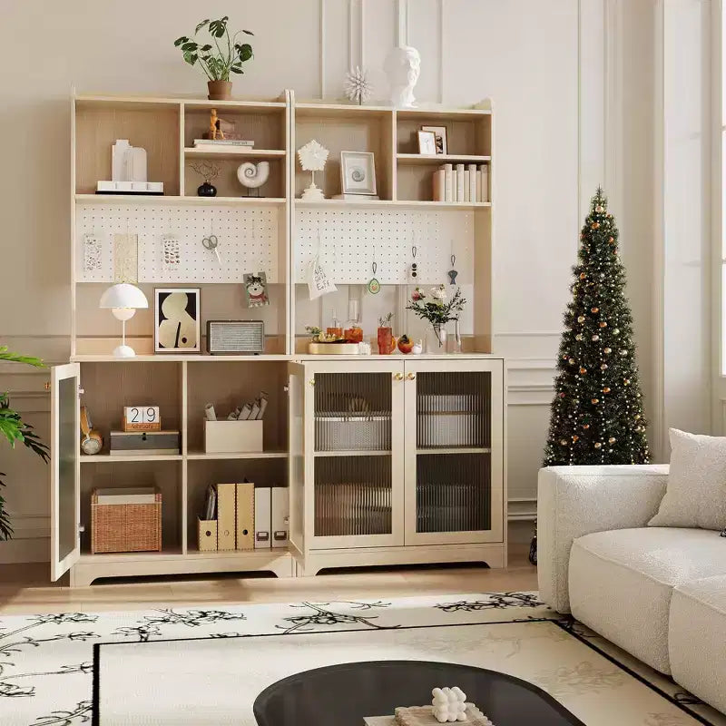 Meuble de rangement de cuisine autoportant de 180 cm avec 2 portes vitrées, rangement ouvert et étagères réglables, buffet de style fermier pour bar à café