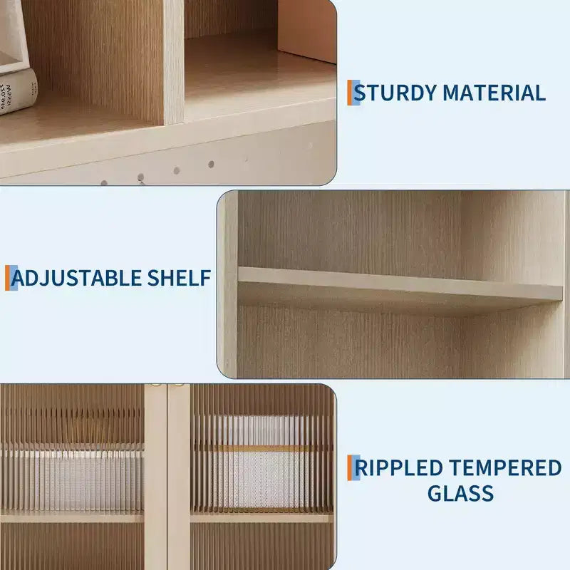 Meuble de rangement de cuisine autoportant de 180 cm avec 2 portes vitrées, rangement ouvert et étagères réglables, buffet de style fermier pour bar à café