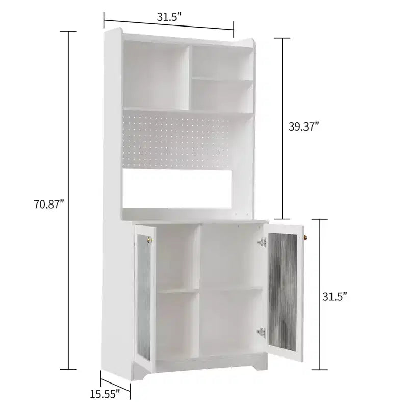 Meuble de rangement de cuisine autoportant de 180 cm avec 2 portes vitrées, rangement ouvert et étagères réglables, buffet de style fermier pour bar à café
