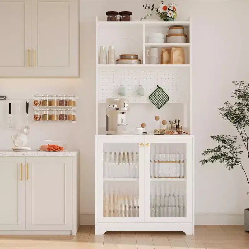 Meuble de rangement de cuisine autoportant de 180 cm avec 2 portes vitrées, rangement ouvert et étagères réglables, buffet de style fermier pour bar à café