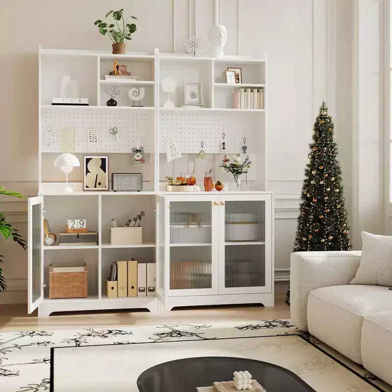 Meuble de rangement de cuisine autoportant de 180 cm avec 2 portes vitrées, rangement ouvert et étagères réglables, buffet de style fermier pour bar à café