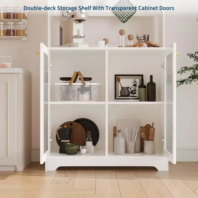 Meuble de rangement de cuisine autoportant de 180 cm avec 2 portes vitrées, rangement ouvert et étagères réglables, buffet de style fermier pour bar à café