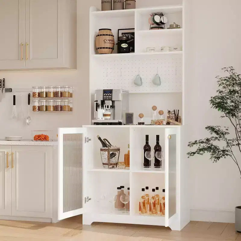 71 Tall Pantry Cabinet with 2 Glass Doors, Freestanding Kitchen Storage Cabinet with Open Storage & Adjustable Shelves,Farmhouse Cupboard Coffee Bar