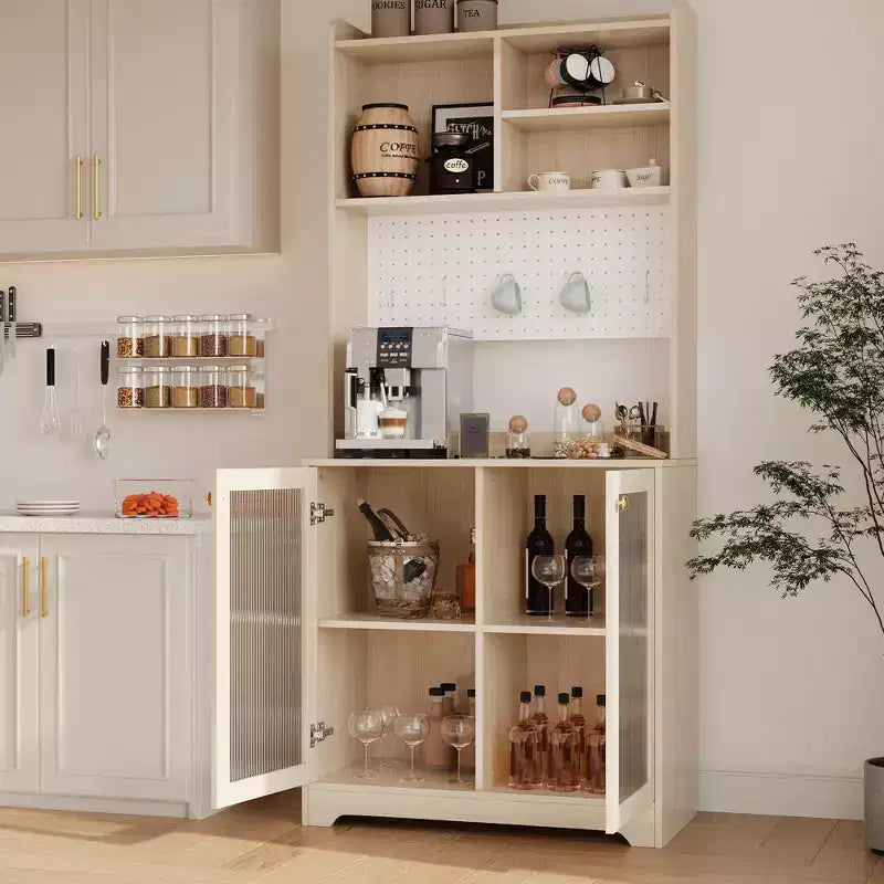 Meuble de rangement de cuisine autoportant de 180 cm avec 2 portes vitrées, rangement ouvert et étagères réglables, buffet de style fermier pour bar à café