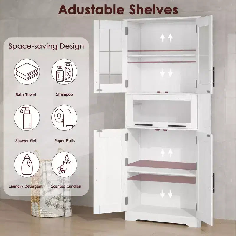 Meuble de salle de bain haut de 67 pouces avec 4 portes et tiroir en verre basculant, meuble de rangement avec étagères réglables, organisateur autoportant pour cuisine, cellier, salon