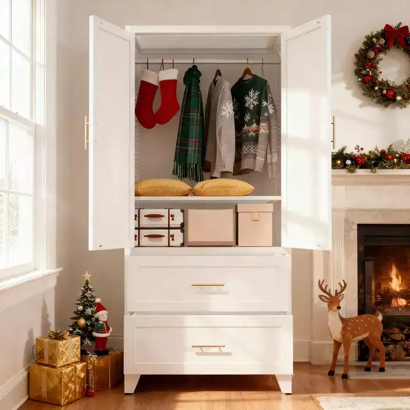 JVNOXK Armoire Métallique de 180 cm de Haut avec 2 Tiroirs et Tringle à Vêtements, Penderie à 2 Portes avec Étagère pour Chambre à Coucher, Blanc