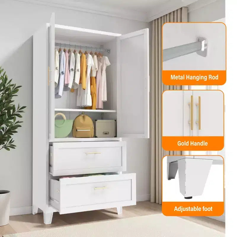 JVNOXK Armoire Métallique de 180 cm de Haut avec 2 Tiroirs et Tringle à Vêtements, Penderie à 2 Portes avec Étagère pour Chambre à Coucher, Blanc