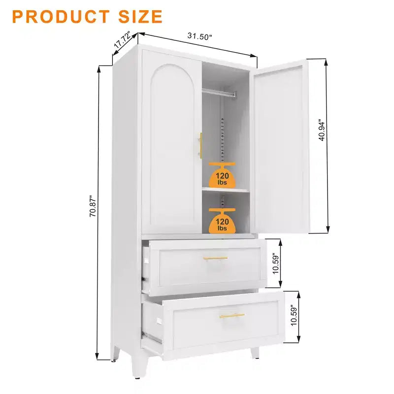 JVNOXK Armoire Métallique de 180 cm de Haut avec 2 Tiroirs et Tringle à Vêtements, Penderie à 2 Portes avec Étagère pour Chambre à Coucher, Blanc