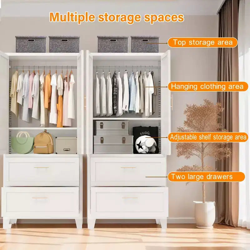 JVNOXK Armoire Métallique de 180 cm de Haut avec 2 Tiroirs et Tringle à Vêtements, Penderie à 2 Portes avec Étagère pour Chambre à Coucher, Blanc