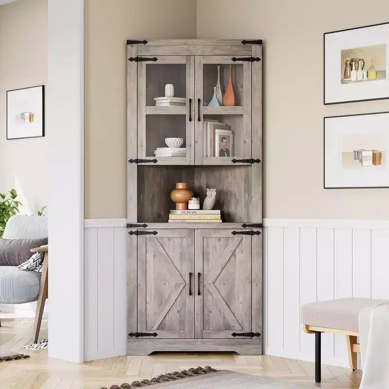 Armoire d'angle haute, Armoire de rangement d'angle de style fermier avec porte vitrée et étagères réglables, Armoire de salle de bain