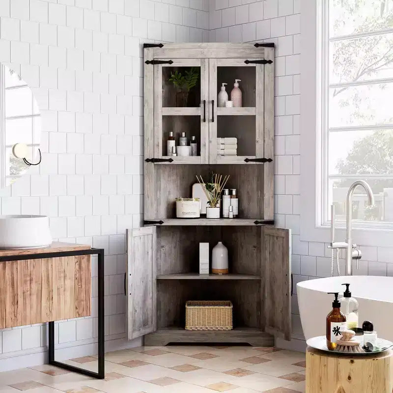 Armoire d'angle haute, Armoire de rangement d'angle de style fermier avec porte vitrée et étagères réglables, Armoire de salle de bain